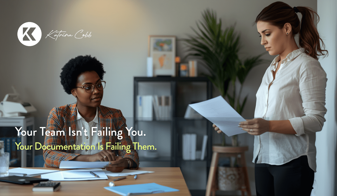 Woman founder reviewing delegation documentation and decision framework for her team